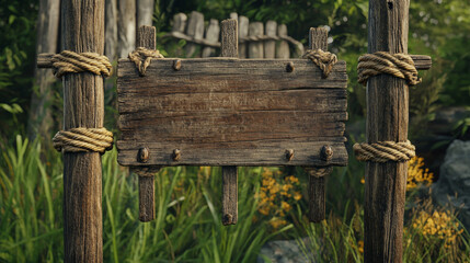 Wooden bamboo sign board frame game ui vector set. Wooden signboard with rope on stick and border isolated tropical illustration. Hawaiian empty menu panel layout for message or notification