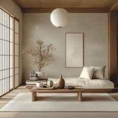 Cozy japanese style living room with warm natural lighting