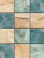 Fototapeta premium Textured tiles in earthy tones arranged in a grid pattern, ideal for interior design projects, home renovation, or decorative purposes, This image can enhance layouts for flooring or wall design,
