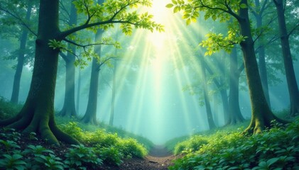 Obraz premium Watercolor texture overlay on a misty forest background with trees and ferns , mist, foliage, nature