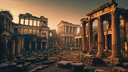 Fototapeta premium Ruins of ancient temples at sunset in a historical landscape