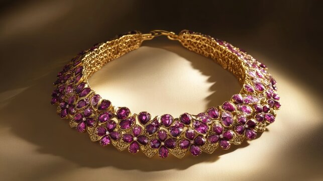 A luminous gold necklace featuring intricate floral patterns, adorned with pink sapphire and ruby gemstones.
