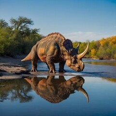 Fototapeta premium Triceratops Walking by River with Reflection in Calm Water