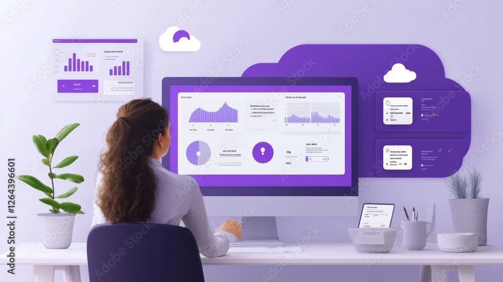 Aufkleber woman analyzing data charts on a computer screen. cloud computing concept.