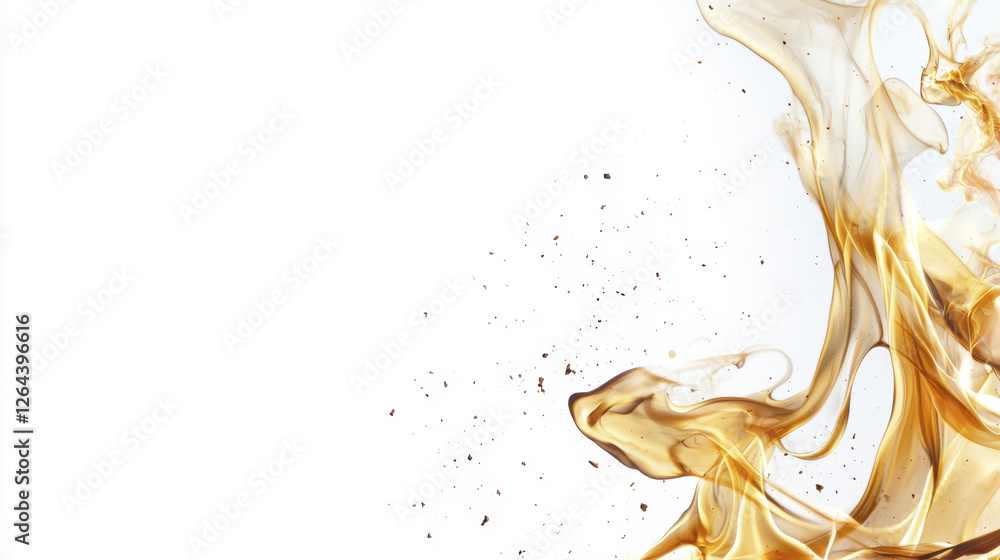 Poster fluid golden liquid splashing against white background, creating dynamic shapes and textures