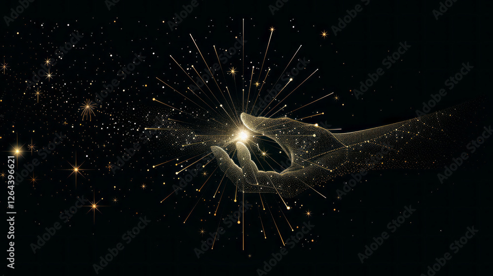 Poster cosmic creation: two ethereal hands reach towards each other, creating a burst of golden light and s