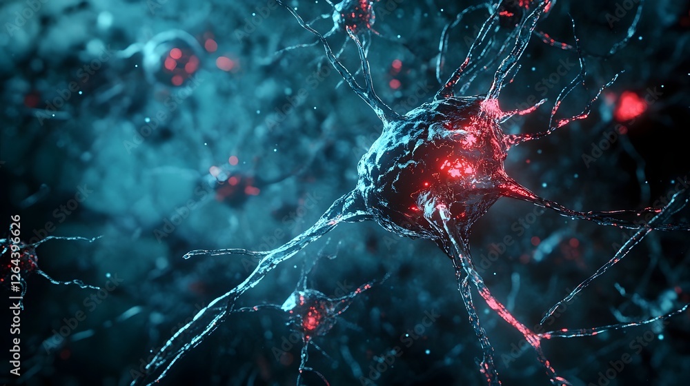 Poster microscopic close up view of interconnected neurons and neural network signaling pathway