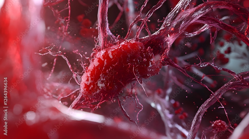 Leinwandbilder microscopic close up view of red blood cells or arteries flowing through a crimson ruby colored liqu