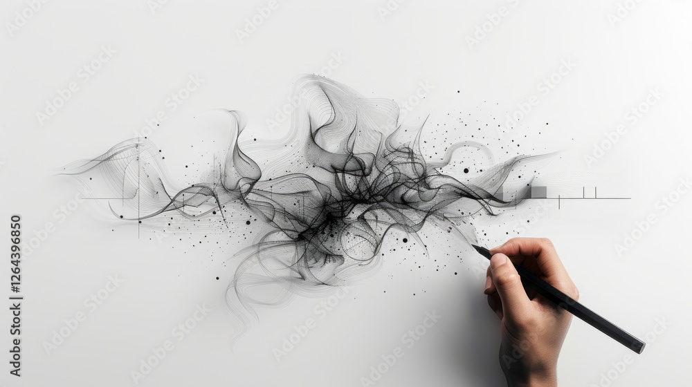 Poster abstract charcoal sketch: an artist's hand delicately sketches a dynamic, abstract form using charco