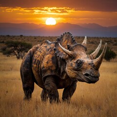 Fototapeta premium Triceratops Silhouette Against Vibrant Sunset Sky
