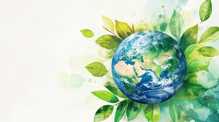 Watercolor Earth Globe Surrounded By Leaves. Concept For Eco-Friendly, Sustainable Living And Environmental Conservation.