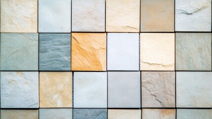 A close-up view of a textured stone tile arrangement showcases various colors and patterns, ideal for design projects, interior decor inspiration, or renovation planning