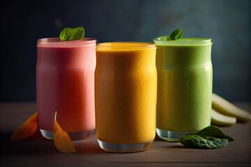 Fototapeta premium Green yellow and red smoothie garnished with fresh fruits in glasses.