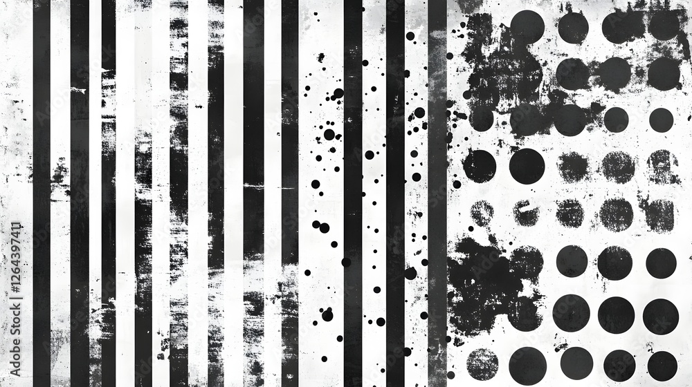 Poster Minimalist abstract geometric background with overlapping black and white striped patterns dotted circles and square shapes creating a dynamic and modern digital art composition