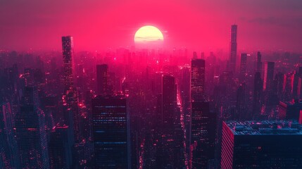 Fototapeta premium Futuristic Cityscape Sunset Dramatic Pink Skyline Urban Scenery