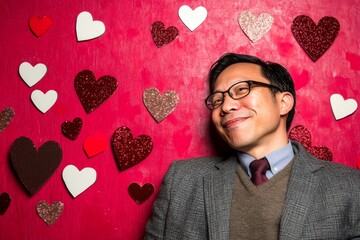 Love confession. Valentine's day greeting from man or for man: extraordinary bold image of loving asian midlife man. Commercial digital ads idea. Charming relationship moment. True feelings.