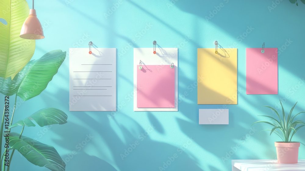 Poster memo note paper sheets attached with adhesive tape and pins. white and colorful notepad pages and st
