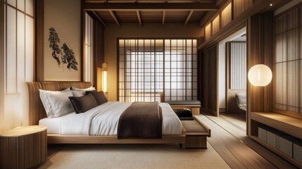 Fototapeta premium Asian inspired bedroom features a platform bed and shoji screens