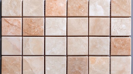 A close-up view of beige and light brown square tiles arranged in a grid pattern, showcasing marble-like textures, Ideal for home renovation projects, interior design, or flooring inspiration,
