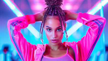 Neon Nights Portrait: A stylish young woman with braided hair, confidently poses against a vibrant backdrop of neon lights, exuding a sense of urban cool and modern energy.  