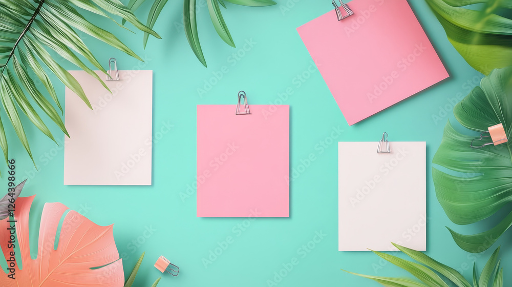 Poster memo note paper sheets attached with adhesive tape and pins. white and colorful notepad pages and st