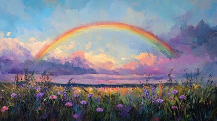 Colorful Rainbow Over Vibrant Wildflower Field at Sunset