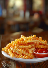 A plate of delicious crinkle-cut fries served with a side of rich and tangy ketchup, perfect for snacking or enjoying as a meal.