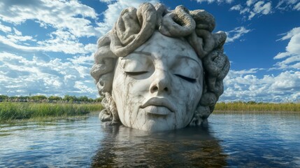 Fototapeta premium a Medusa's head made from stone in the middle of a lake with a beautiful natural landscape in the background