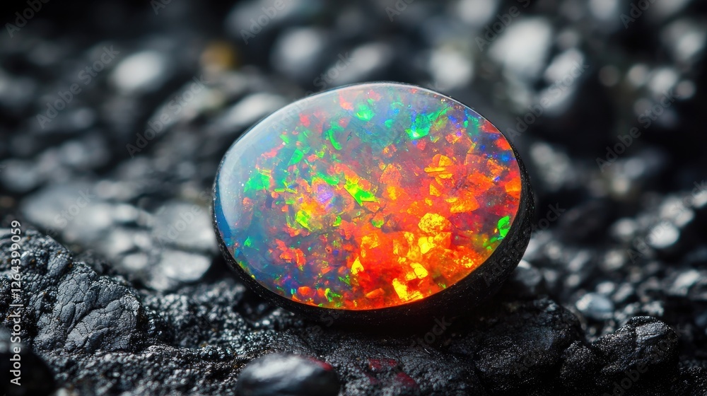 Poster a striking macro shot of a fiery black opal revealing an intricate color pattern.