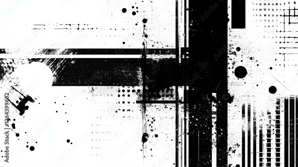 Aufkleber monochrome abstract art with distorted geometric shapes scattered paint splatter and grungy glitched
