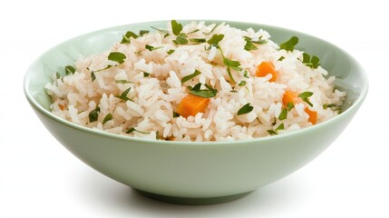 A delectable bowl of fluffy rice garnished with fresh herbs and colorful vegetables, perfect for food blogs, recipe books, or restaurant menus