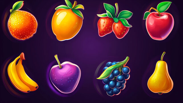 Fruit game icons for casino slot machine, gambling, lotteries or mobile puzzle ui elements. Plum, bananas or cherry, blueberry, pear and orange with lemon and strawberry bonus 3d vector cartoon set