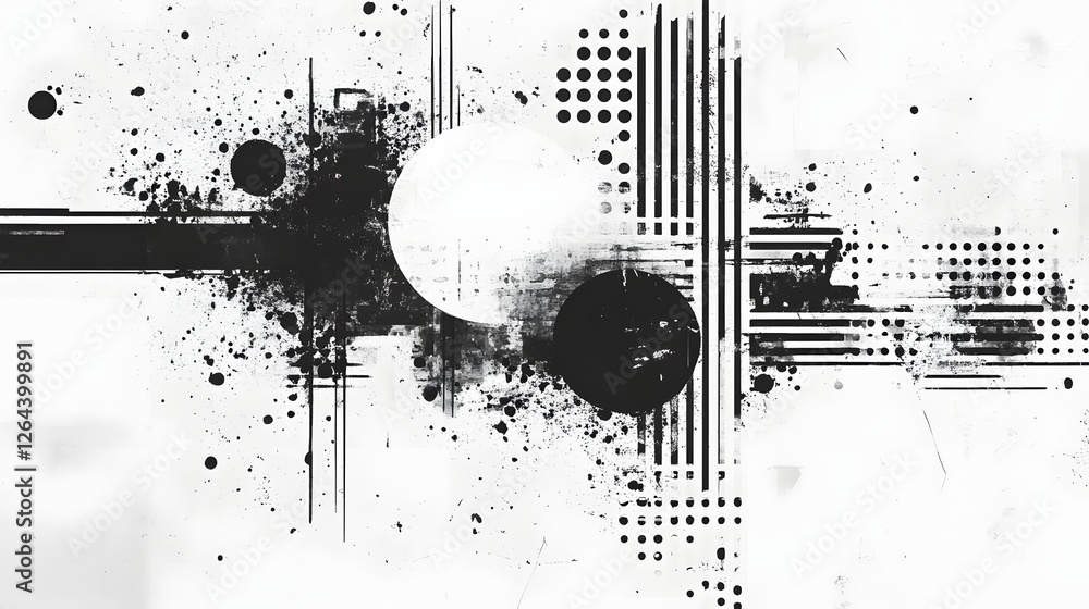 Poster Monochrome abstract composition with scattered ink splashes dynamic geometric shapes and contrasting elements on a dark background  Experimental digital art with a grunge modern