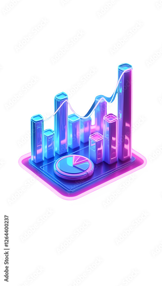 Poster 3d rendered icon of data analytics with glowing neon bars, pie chart, and line graph, representing m