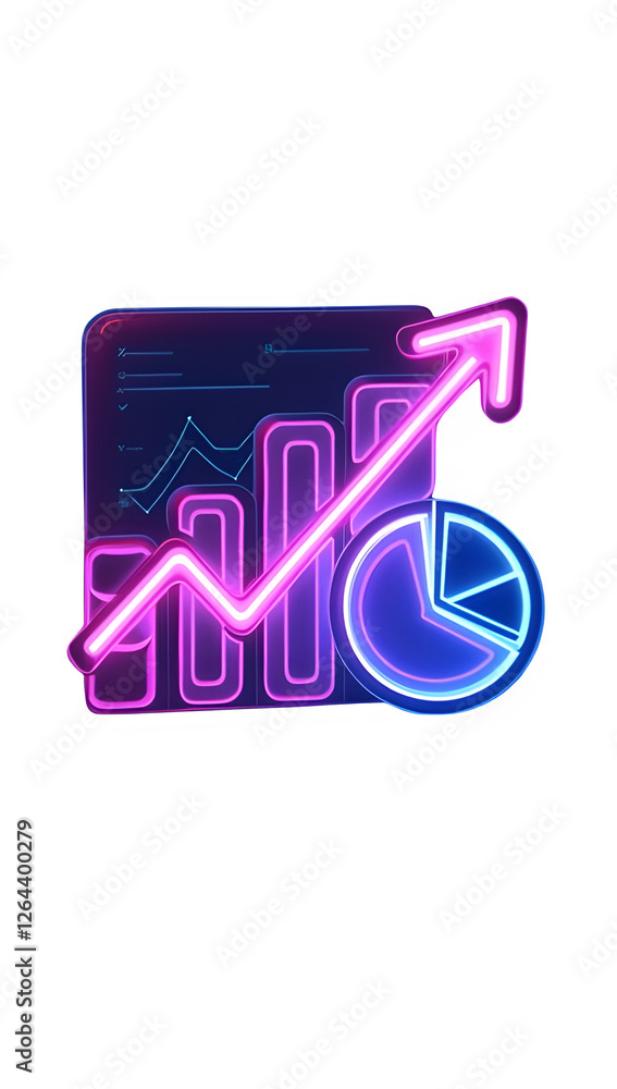 Poster 3d rendered icon of data analytics with glowing neon bars, pie chart, and line graph, representing m