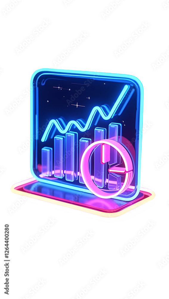 Poster 3d rendered icon of data analytics with glowing neon bars, pie chart, and line graph, representing m