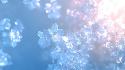 Ethereal Hologram-like Cherry Blossoms Gently Glowing on Soft Sky-blue Gradient