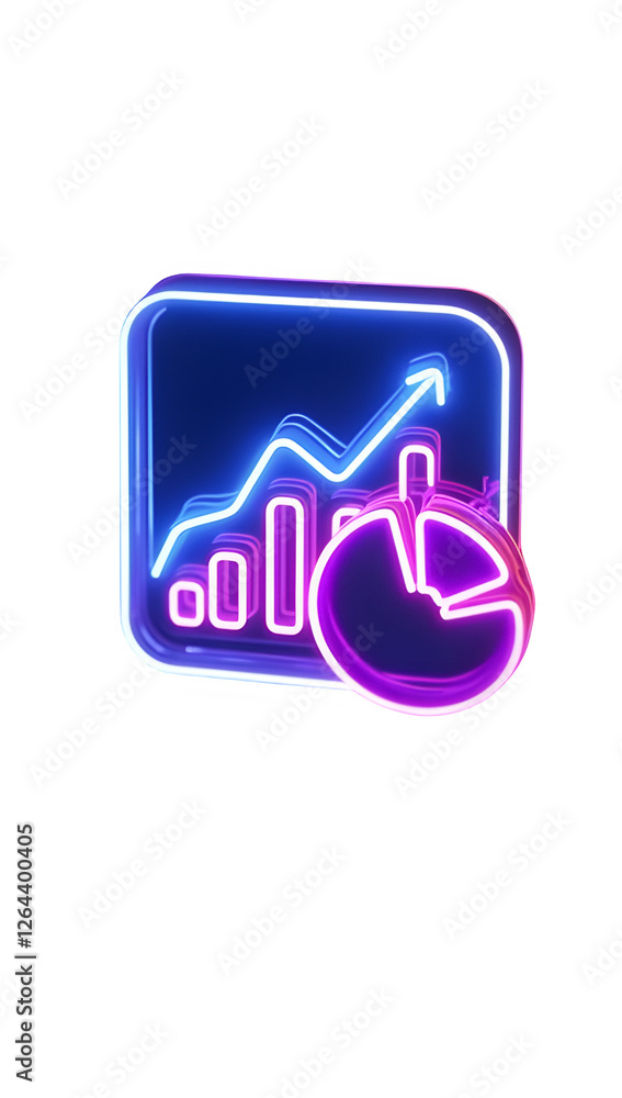 Poster 3d rendered icon of data analytics with glowing neon bars, pie chart, and line graph, representing m