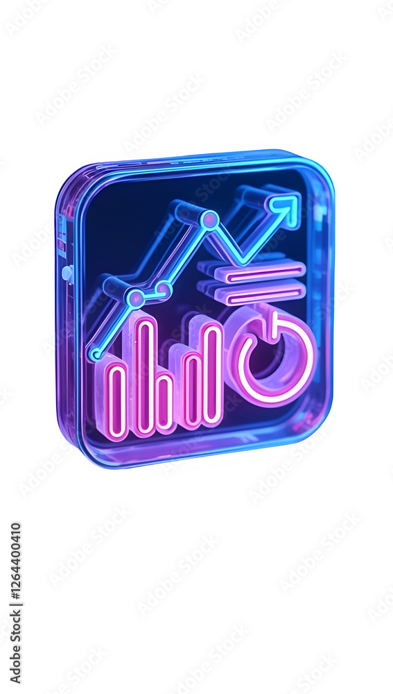 Poster 3d rendered icon of data analytics with glowing neon bars, pie chart, and line graph, representing m