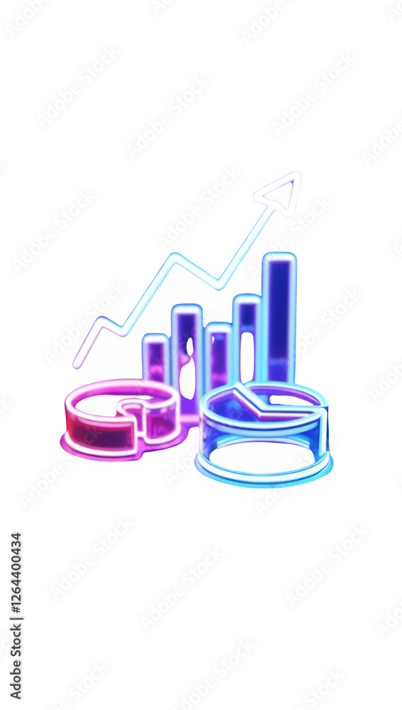 Poster 3d rendered icon of data analytics with glowing neon bars, pie chart, and line graph, representing m