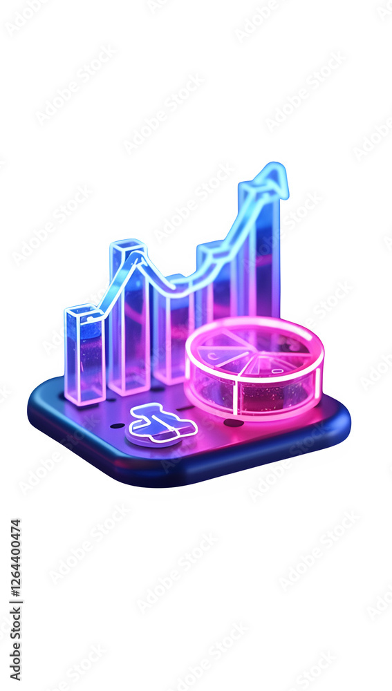 Poster 3d rendered icon of data analytics with glowing neon bars, pie chart, and line graph, representing m