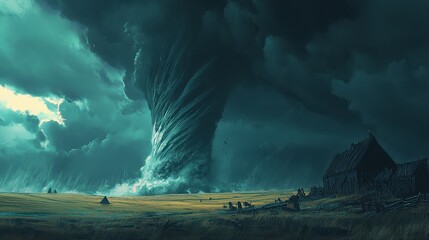 Fototapeta premium Majestic Tornado Swirling Over Rural Landscape Under Dark Clouds
