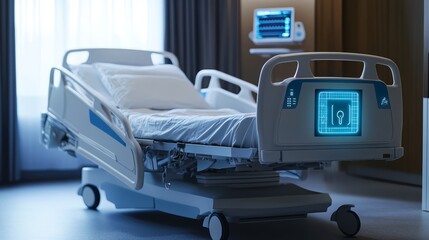 Modern Adjustable Hospital Bed With Technology. Interior Of An Empty Hospital Room.
