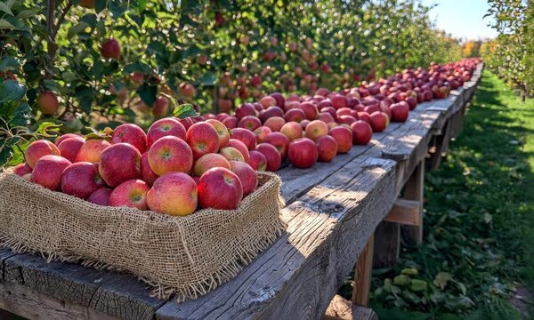 Red Apples on Rustic Table in Orchard