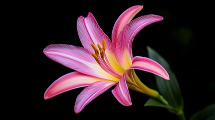Naklejka premium Pink Lily Flower Close Up on Black Background