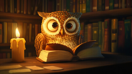 Charming Owl Reading a Book by Candlelight in a Cozy Library Setting
