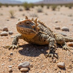 Fototapeta premium Horned Lizard Camouflaged in Desert Sand Under Scorching Sun