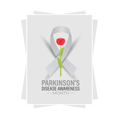 Vector graphic of Parkinson's Disease awareness month is observed every year in April. A mix of red tulips, brain illustrations. The red tulip and Realistic Ribbon. Posters, flyers, banners, cards.