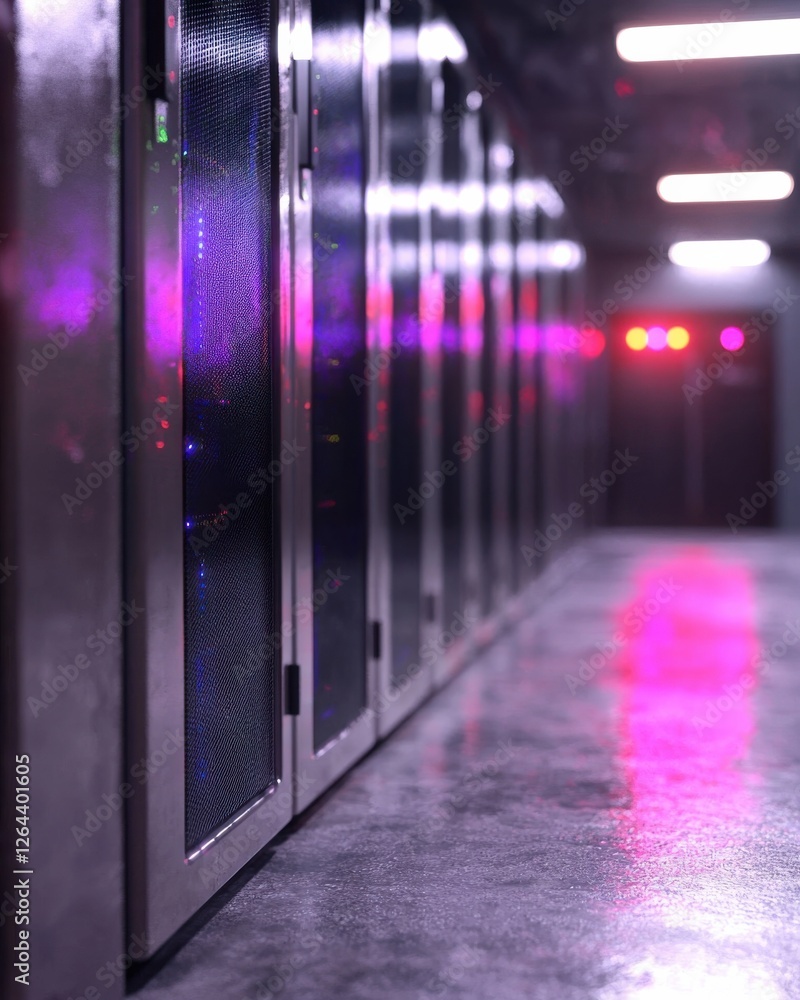 Poster a dimly lit hallway of server racks, illuminated by colorful lights, showcasing a modern data center