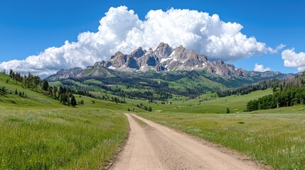 Scenic mountain road through green valley. Wide shot of a dirt road leading to a mountain range under a partly cloudy sky. Possible use Stock photo for travel, nature, or outdoor adventure